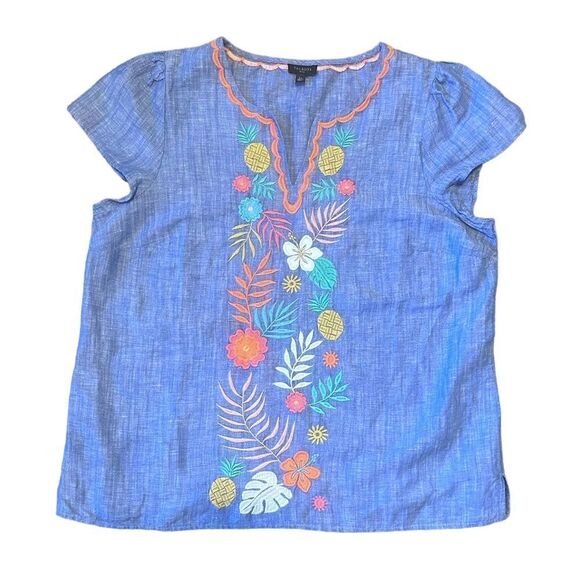 Talbots Black Label Split Neck Embroidered Linen Blend Top Large Petite - Picture 3 of 9